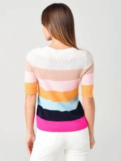 White + Warren Women's Cashmere Striped Elbow Sleeve Tee 6 White + Warren Women's Cashmere Striped Elbow Sleeve Tee -Standrews Links Officials Store 18821xTECHNICOLORSTRIPExAlt2 17253661