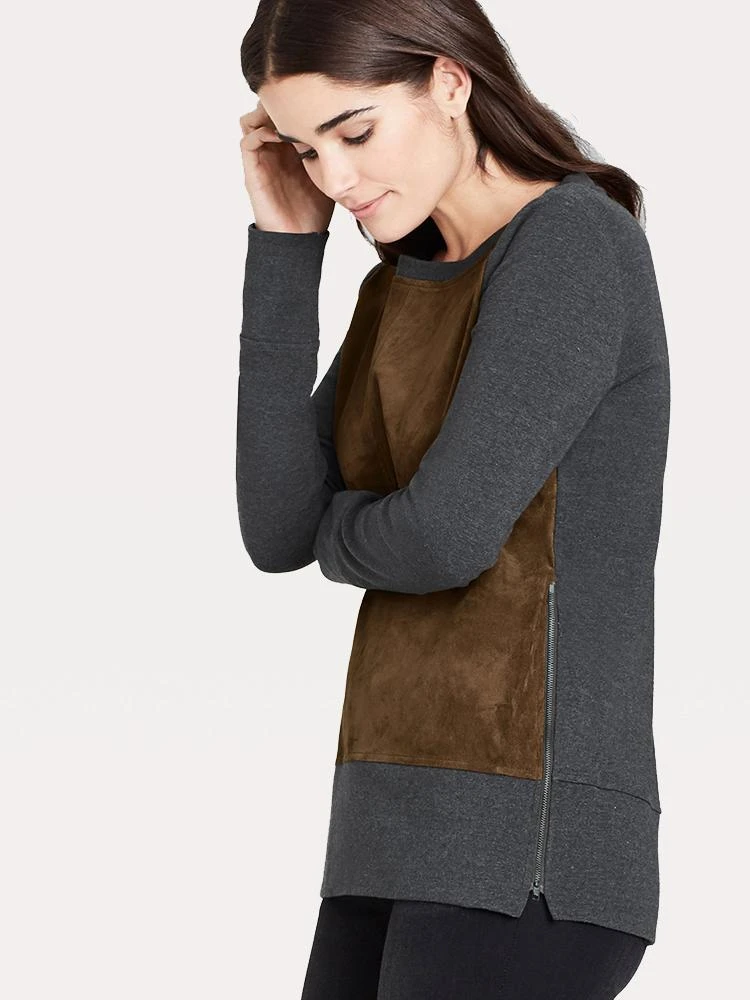 Ecru Suede And Sweater Knit Top With Zipper Detail 1 Ecru Suede And Sweater Knit Top With Zipper Detail