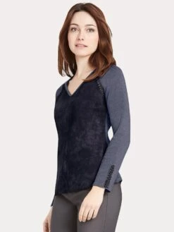 Ecru Suede And Sweater Knit V-Neck Top