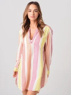 Echo Women's V-Neck Long Sleeve Stripe Tunic Cover-Up