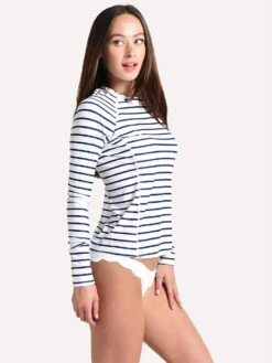 Mott 50 Women's Margo Long Sleeve Colorblock Swim Shirt With Side Zipper -Standrews Links Officials Store SW1704 NAVYSTRIPEalt1