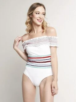Red Carter Ipanema Smocked Off Shoulder One-Piece Swimsuit